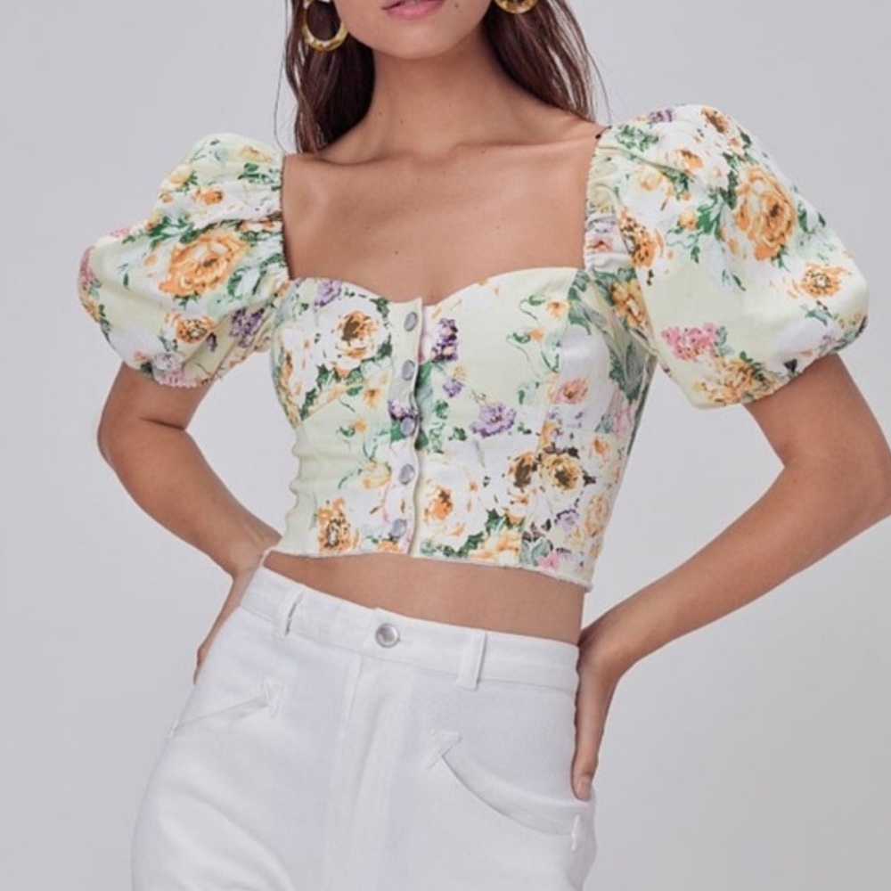 For Love And Lemons Floral Puff Sleeve Crop Top